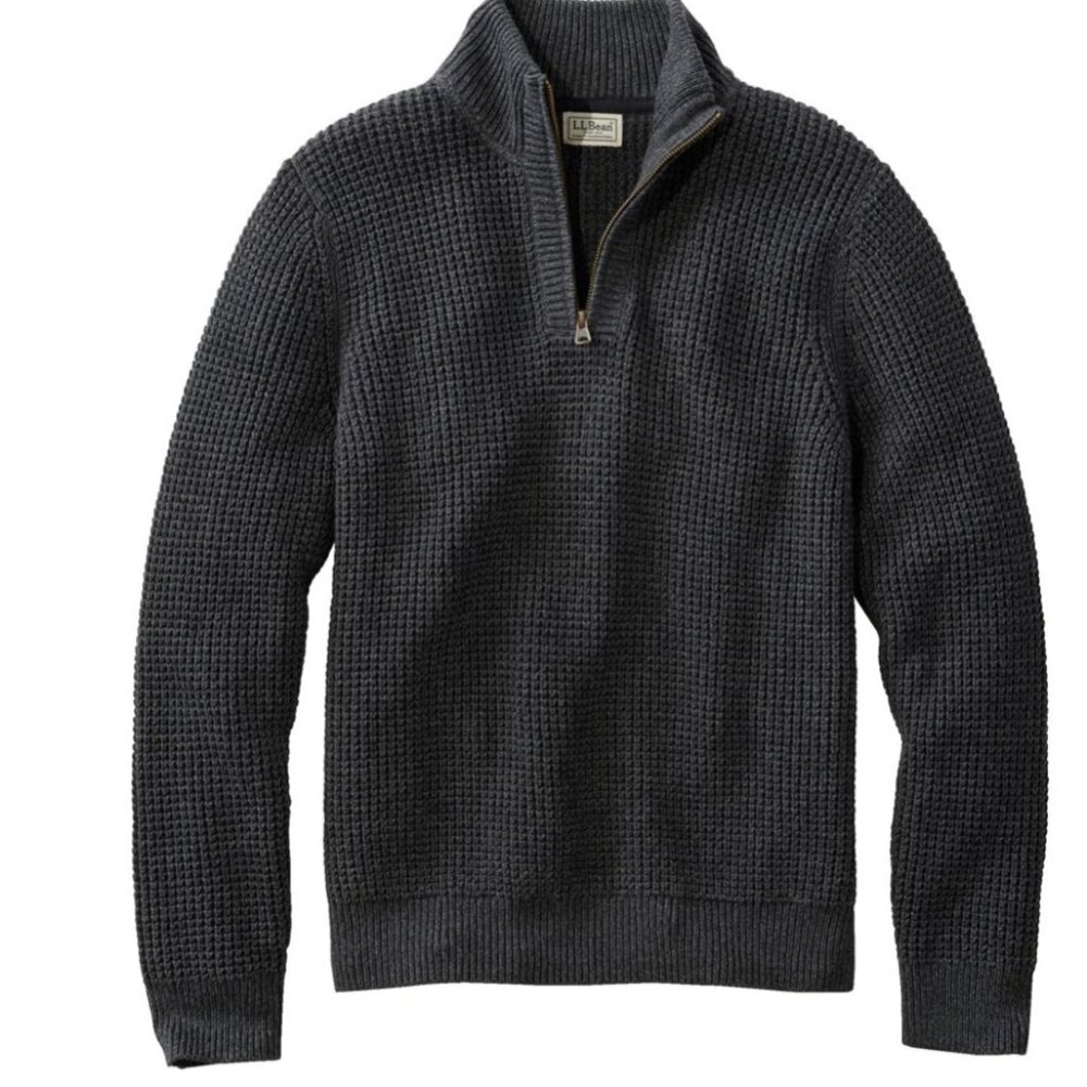 LLBean Men's Organic Cotton Waffle Sweater, Quarter Zip GRAY